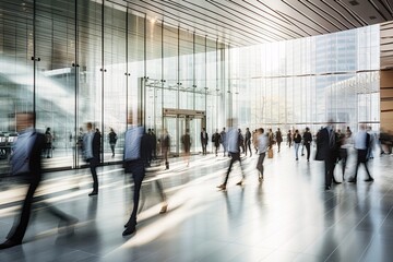 Business people walking in a modern corporate building. Motion blur effect. Ai Generative