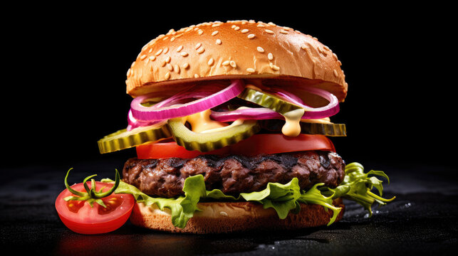 Beef burger with tomatoes, red onions, cucumber and lettuce on black slate over dark background. Generative Ai