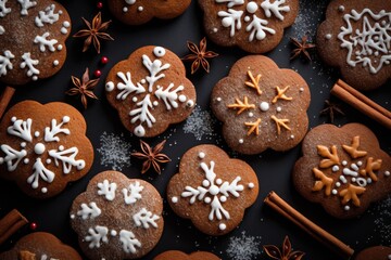 Obraz na płótnie Canvas Christmas homemade gingerbread cookies and cinnamon sticks on dark background