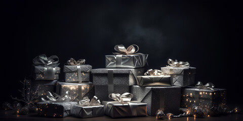 Christmas theme. Many gift boxes wrapped in silver colored paper with ribons. Christmas tree on background.