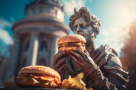 Statue hold eat burger. Fast food. Generate Ai