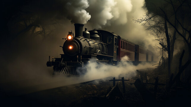 Locomotiva a vapore che esce dalla nebbia. Ai generated.