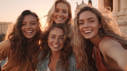 Fototapeta premium Group of Happy female friends taking selfie with smart mobile phone device at Rome, Italy landmark. Generative Ai