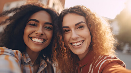 Fototapeta premium Happy female friends taking selfie with smart mobile phone device outside. Generative Ai