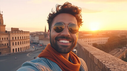Happy tourist young man taking selfie in front of Rome, Italy landmark. Travel and holidays concept. Generative Ai