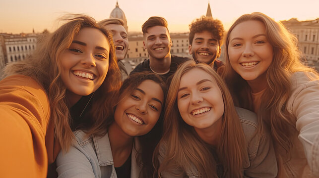 Group of young friends taking selfie with smart mobile phone device at Rome, Italy landmark. Generative Ai