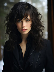 Scandinavian woman, Black hair, Bangs style, Midnight Blue Pantsuit, snowy forest, Classy, Leaning, Serious 
