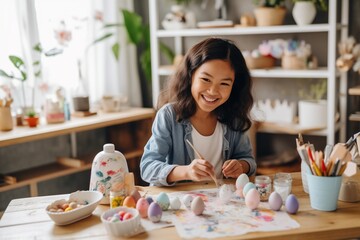 A mother is teaching her daughter to dye and decorate eggs with watercolors for the Easter holiday.