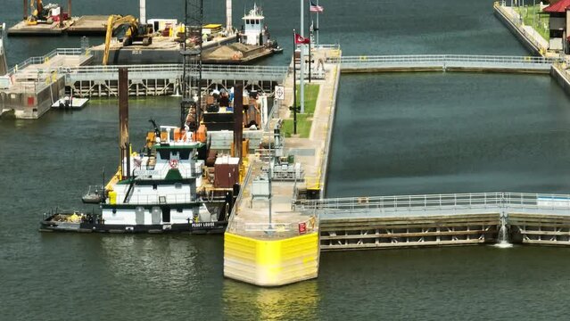 Aerial View Of Mississippi River Lock and Dam No. 4 Near Alma In Wisconsin, USA. tilt-up