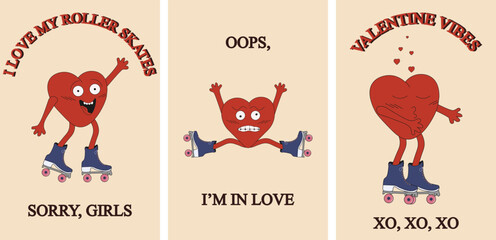 Retro cartoon design Valentine's day card cover with Red Hearts on rollers. Set Valentine Day posters, banner, card in trendy Y2K style. Celebration web promo. Vector illustration.