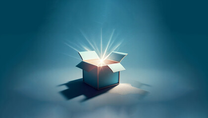 Open gift box with ray of light effect on blue background. 3d rendering. Generative Ai.