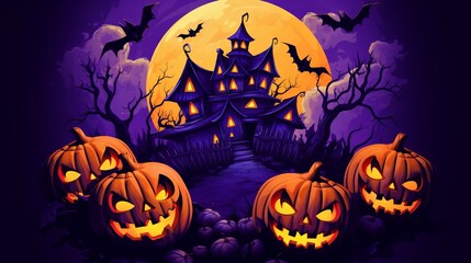 Halloween-themed graphic t-shirt design with haunted house and pumpkin heads on violet background