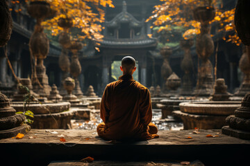 Monk in the lotus position in the temple. Generative AI.	