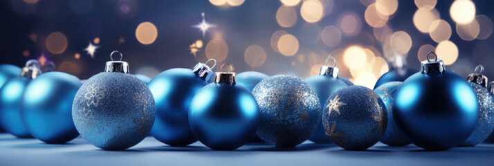 blue christmas balls on a bokeh background - obrazy, fototapety, plakaty