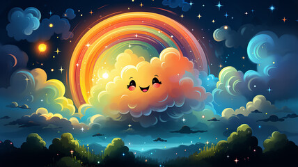 Obraz na płótnie Canvas funny cartoon rainbow with eyes and a smile in the night starry sky, good night illustration for children