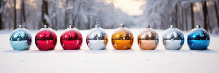 Row of colored shiny christmas balls on the snow