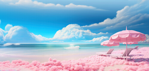 Pink beach chairs and pink umbrella on a beautiful pink sandy beach. Blue sky, puffy clouds, endless sea, mesmerizing waves, pink vegetation. Picture for a presentation, post, poster - obrazy, fototapety, plakaty