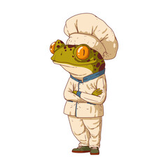 Frog man, isolated vector illustration. Cartoon image of a toad dressed as a chef. Colored sticker with the image of an animal. Anthropomorphic frog on a white background. Animal character.