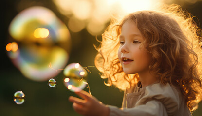 a child blows soap bubbles outdoors