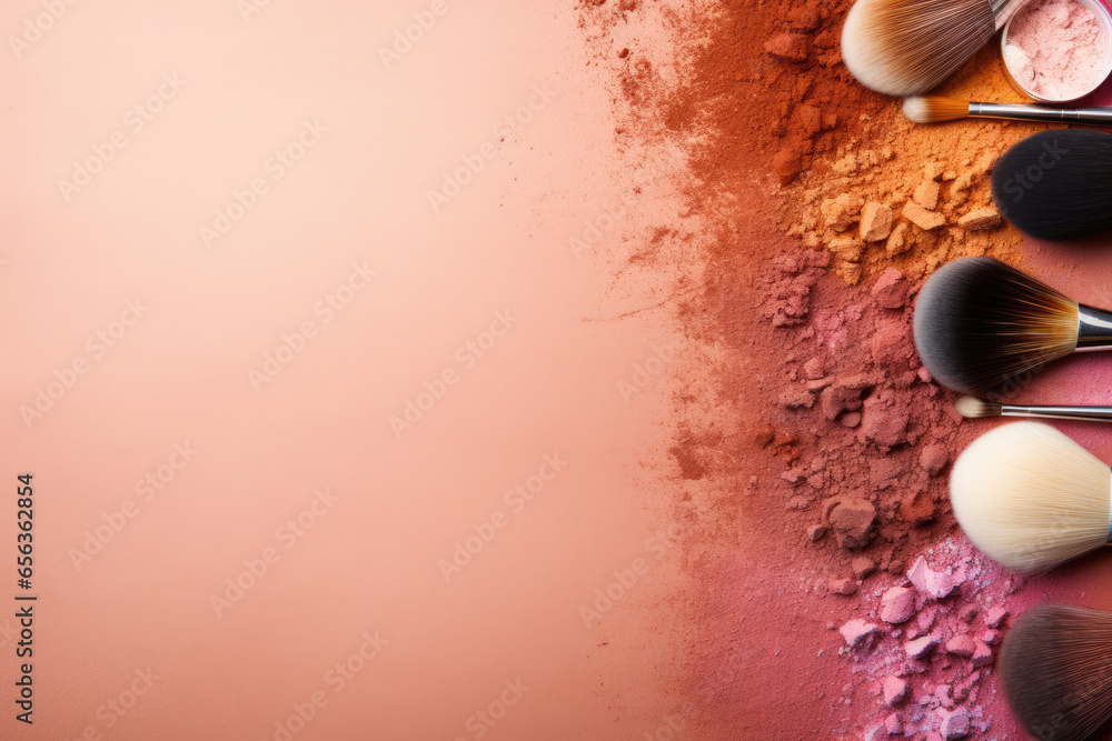 Poster make-up brushes set with colored eyeshadows and powders