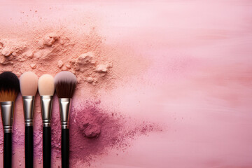 Make-up brushes set with colored eyeshadows and powders - obrazy, fototapety, plakaty