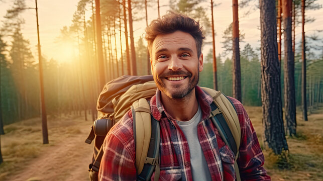 Happy traveler man with backpack taking selfie picture in the forest. Travel blogger or Freelance, Life style and technology concept. Generative Ai