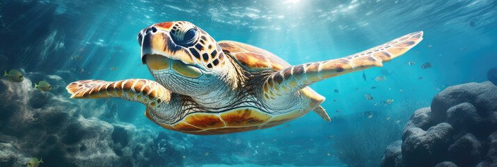 Fototapeta na wymiar big sea turtle swimming underwater