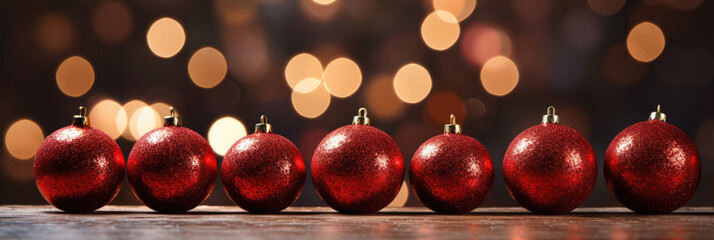 row of red shiny Christmas balls against a background of gentle bokeh