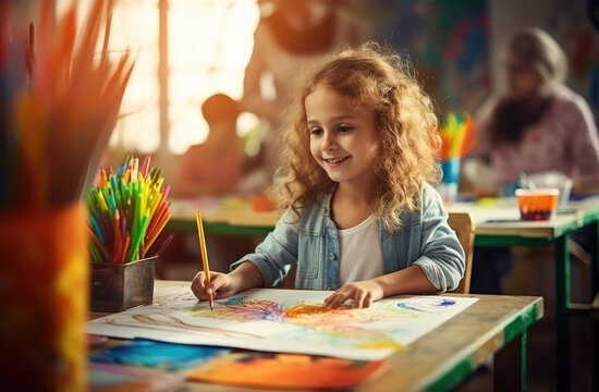 a girl who is in kindergarten drawing on a paper