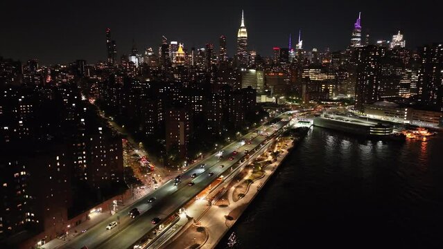 Aerial Shot - FDR Drive - Empire State Building - Night