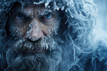 Portrait of a man with a beard and mustache, frozen face covered with frost - obrazy, fototapety, plakaty
