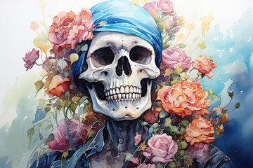 Skeleton among colored flowers in watercolor style