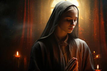 Young woman praying in the light of candles - obrazy, fototapety, plakaty