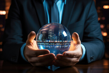Businessman predicting fortune with crystal ball in office, startup concept, investment - obrazy, fototapety, plakaty