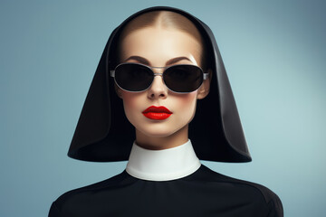 Young woman in make-up wearing nun clothes and sunglasses - obrazy, fototapety, plakaty