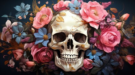 Skull with roses. Human Skull in Beautiful Flowers. Halloween images. Day of the Dead