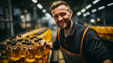 Portrait of male factory worker standing near production line at drinks production factory