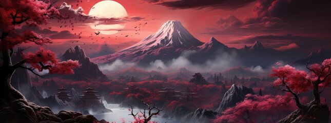 An Chinese landscape with bright red lights, in the style of gothic illustration - obrazy, fototapety, plakaty