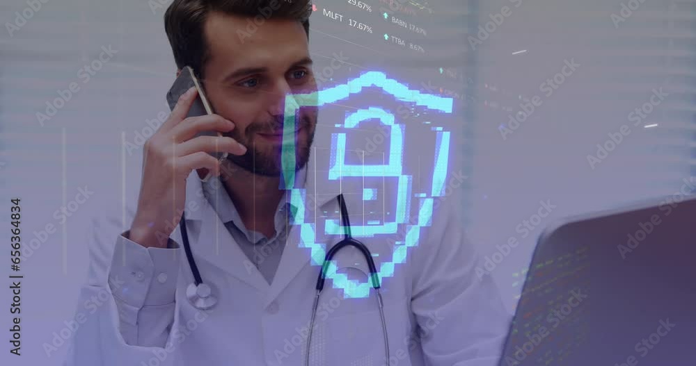 Poster animation of padlock data processing over caucasian man using smartphone