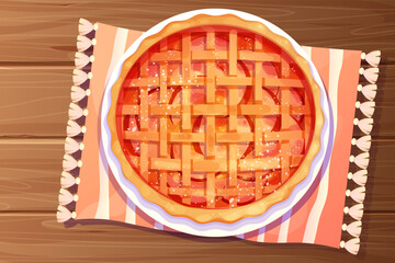 Homemde apple pie, tart with powdered sugar top view on woodet table whole round bakery, dessert in cartoon style.