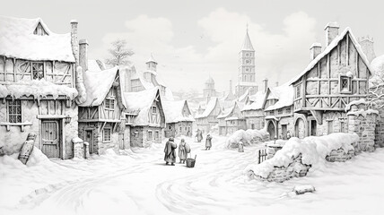 medieval city in winter, a picture of historical life in the style of old masters, engraving, painting on paper ink and ink - obrazy, fototapety, plakaty