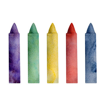 Watercolor hand drawn illustration, kids children painting art materials supplies, mix color crayons, oil pastels. Single object isolated on white. For school kindergarten, party, cards, website, shop