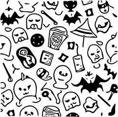 Halloween seamless pattern vector illustration with bats, pumpkins, hats in black