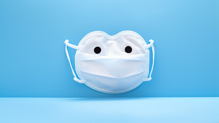 funny cartoon medical mask on blue background, hospital background with copy space
