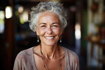 close up portrait of an mindful mature woman smiling in camera - obrazy, fototapety, plakaty