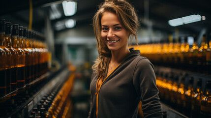 Portrait of female factory worker standing near production line at drinks production factory - obrazy, fototapety, plakaty