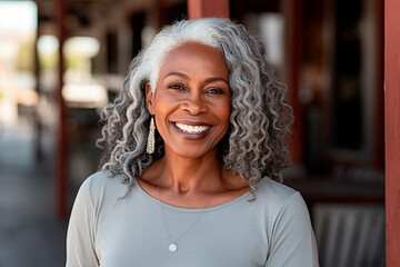 An adult black woman with smooth, healthy skin. Beautiful aged mature woman with long gray hair and happy shy smile
