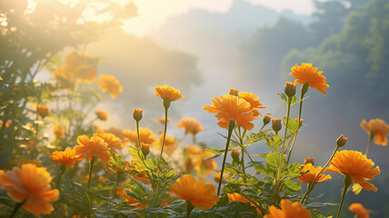 a field of marigolds in autumn fog morning landscape, a close-up view of orange wild flowers