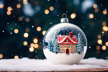 Christmas ball with house snow and tree, snow globe ornament with snow flake.