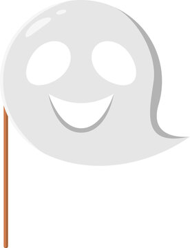 Cartoon Halloween ghost photo booth mask with props. Isolated vector white whimsical spook with a friendly smile. Accessory for playful carnival holiday snapshots and costume party fun phorography